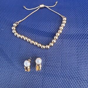 J.Crew Gold Beaded Adjustable Bolo Bracelet & Pearl Crystal Drop Earring Set